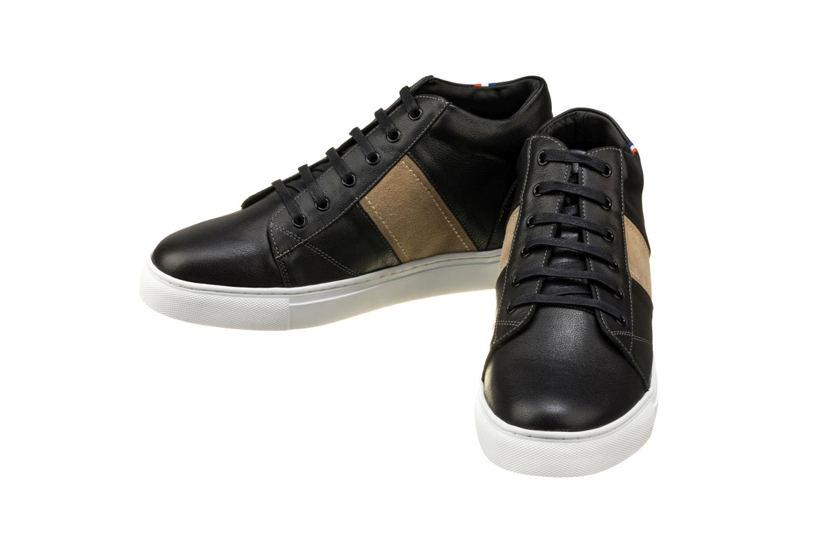 CALTO K53100 black oxhide mid-top elevator sneaker, further detail view