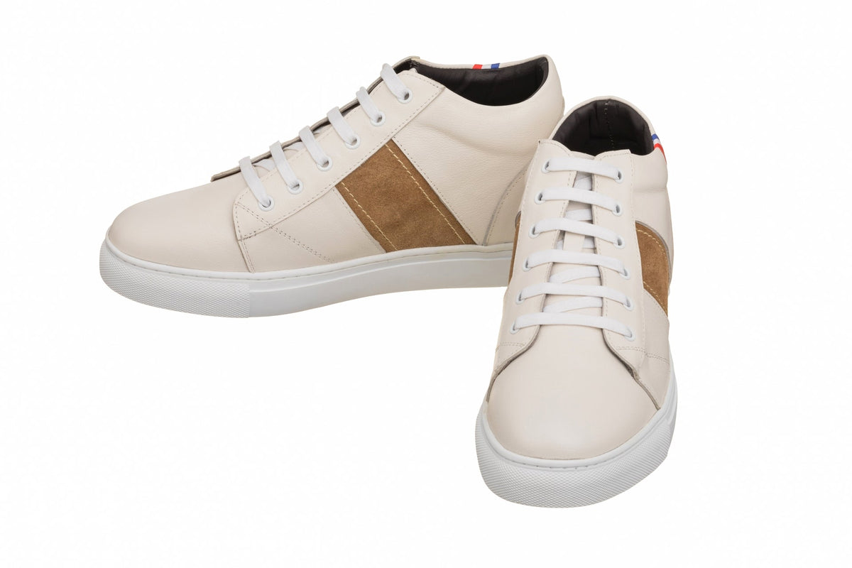 CALTO K53101 beige white oxhide mid-top sneaker, further detail view
