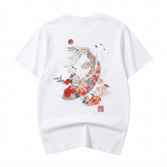 Koi Fish Embroidered Tee in White