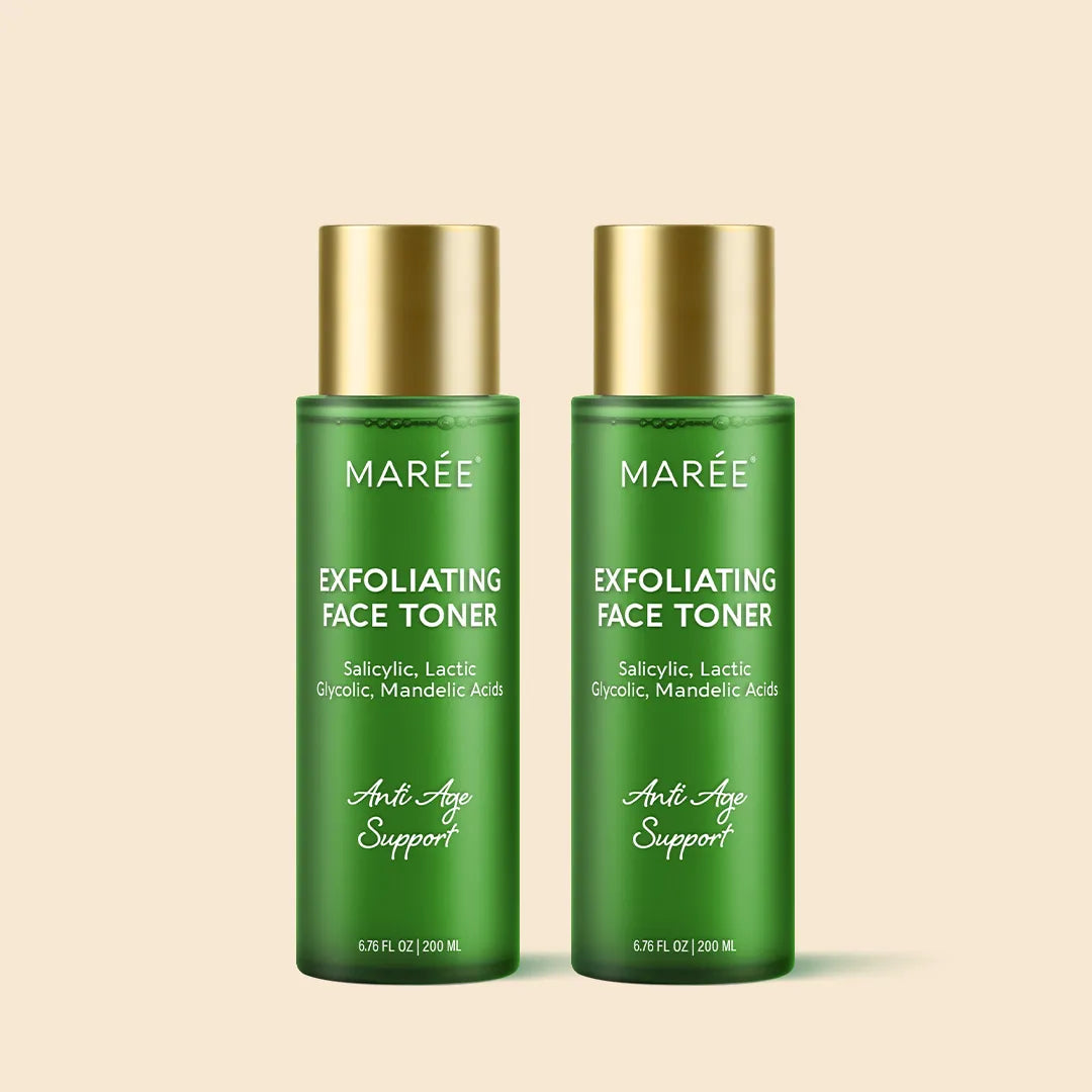 Two green bottles of Marée Exfoliating Face Toner with gold caps on a beige background.