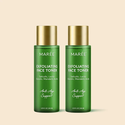 Two green bottles of Marée Exfoliating Face Toner with gold caps on a beige background.