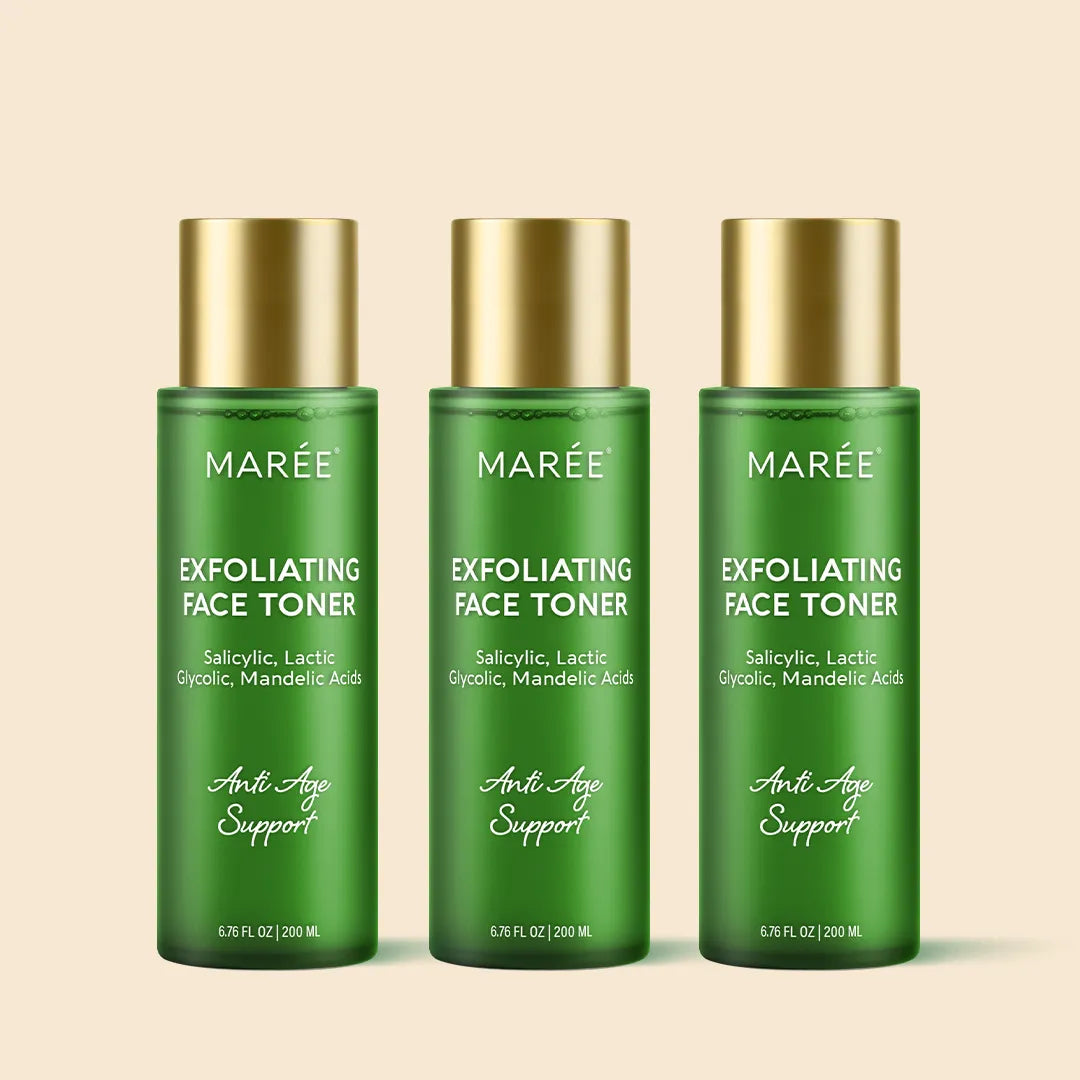 Three bottles of Marée Exfoliating Face Toner on a beige background