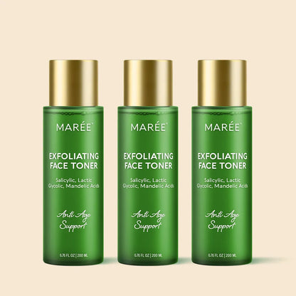 Three bottles of Marée Exfoliating Face Toner on a beige background