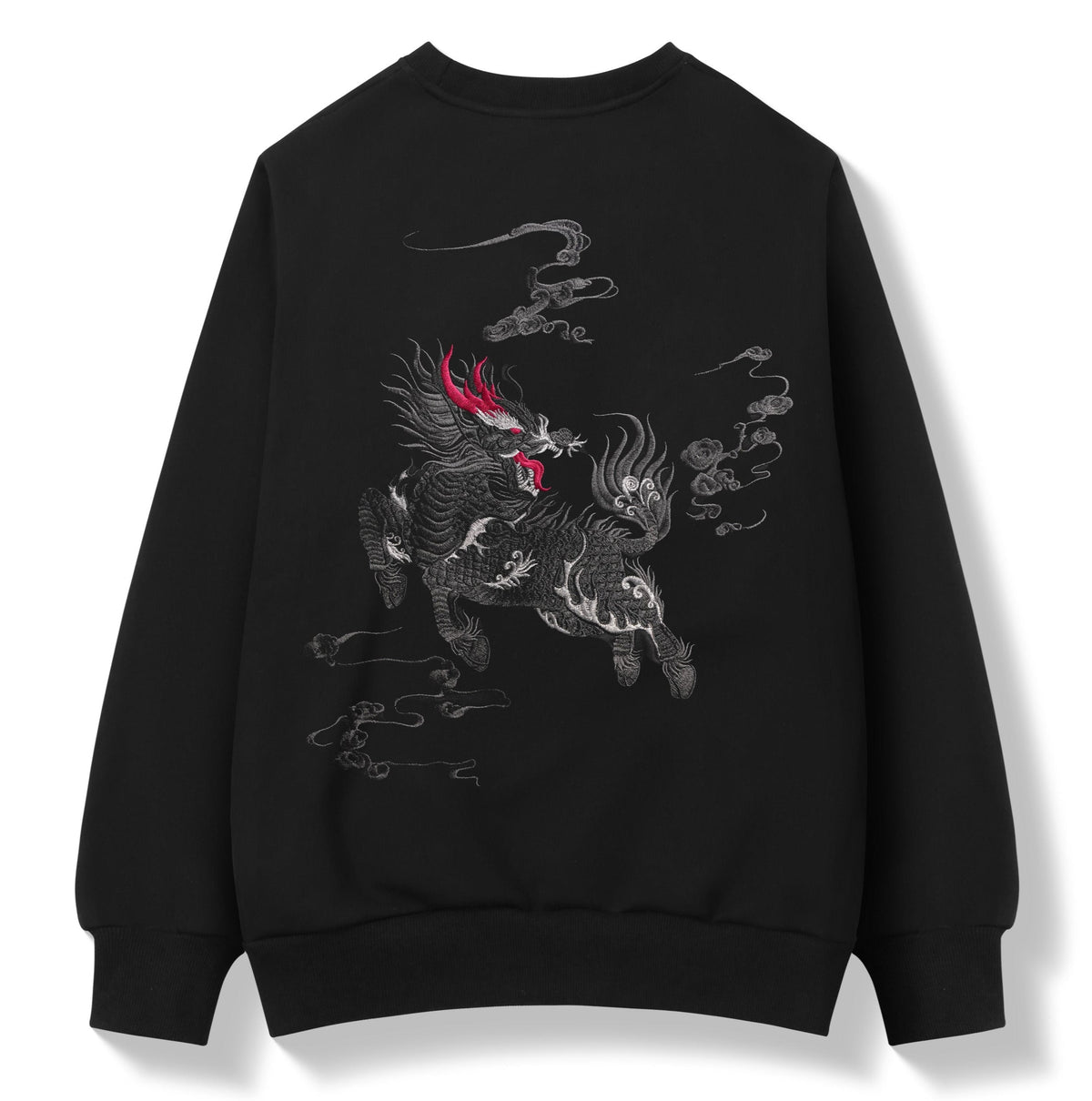 A black crewneck sweatshirt featuring a detailed graphic print of a stylized horse-drawn cloud creature in gray and white, accented with a bright red horn on the head, shown against a plain white background.