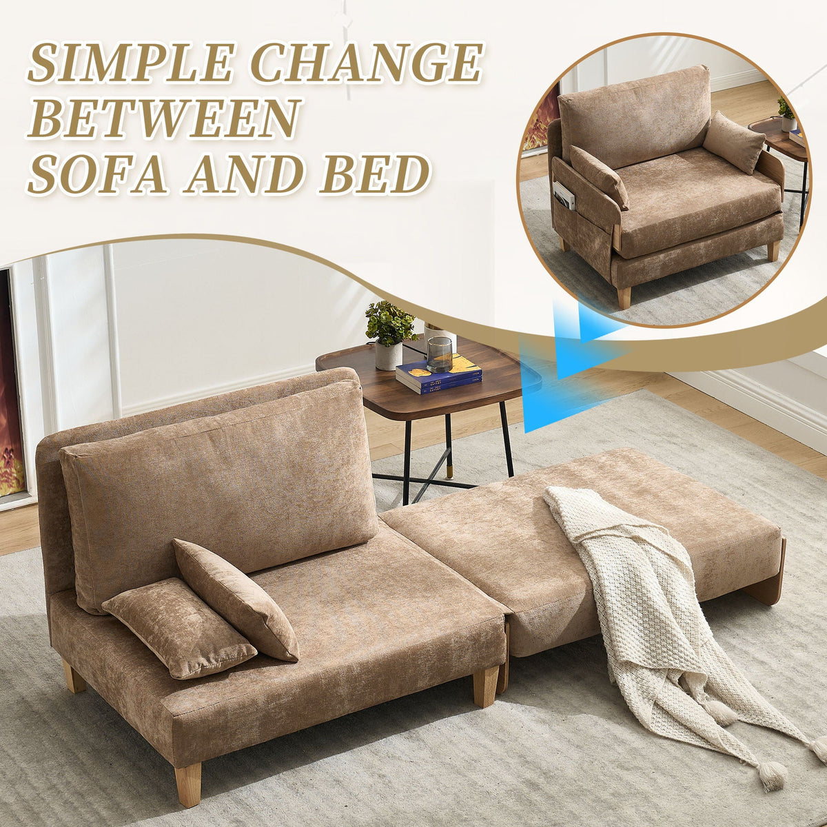 Mid century modern sofa bed shown in a studio apartment (view 126)