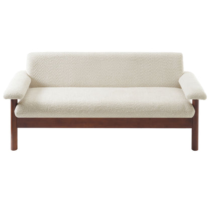 Beige sofa with wooden frame on a white background
