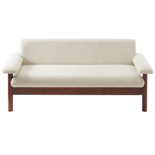 Beige sofa with wooden frame on a white background