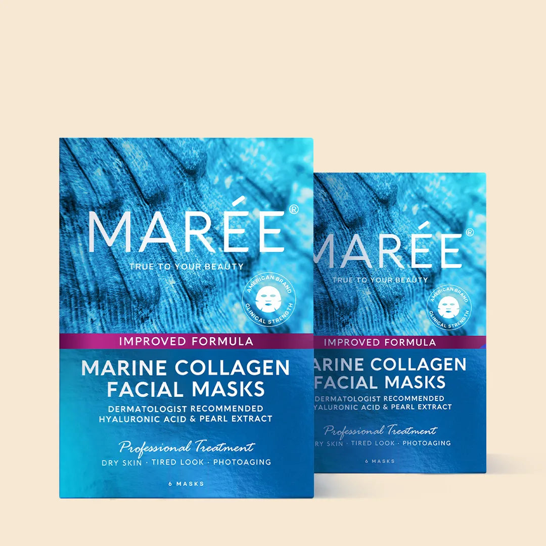 Two blue boxes of Marée Marine Collagen Facial Masks on a beige background