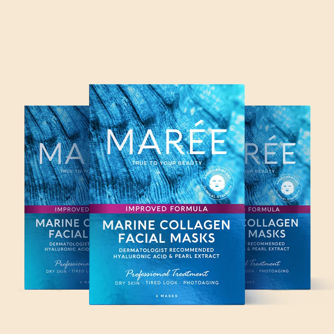 Three packages of Mareé Marine Collagen Facial Masks on a beige background