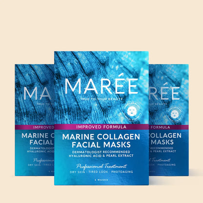 Three packages of Mareé Marine Collagen Facial Masks on a beige background