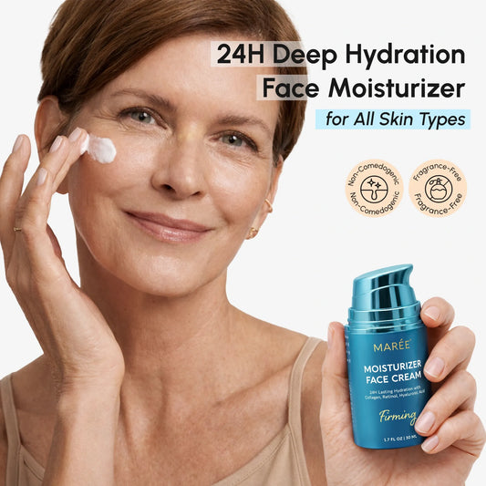 Woman applying moisturizer with a blue moisturizer bottle labeled 'Maree' on a white background.