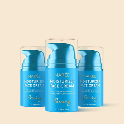 Three blue Marée Moisturizer Face Cream pump bottles arranged in a fan shape on a light beige background.