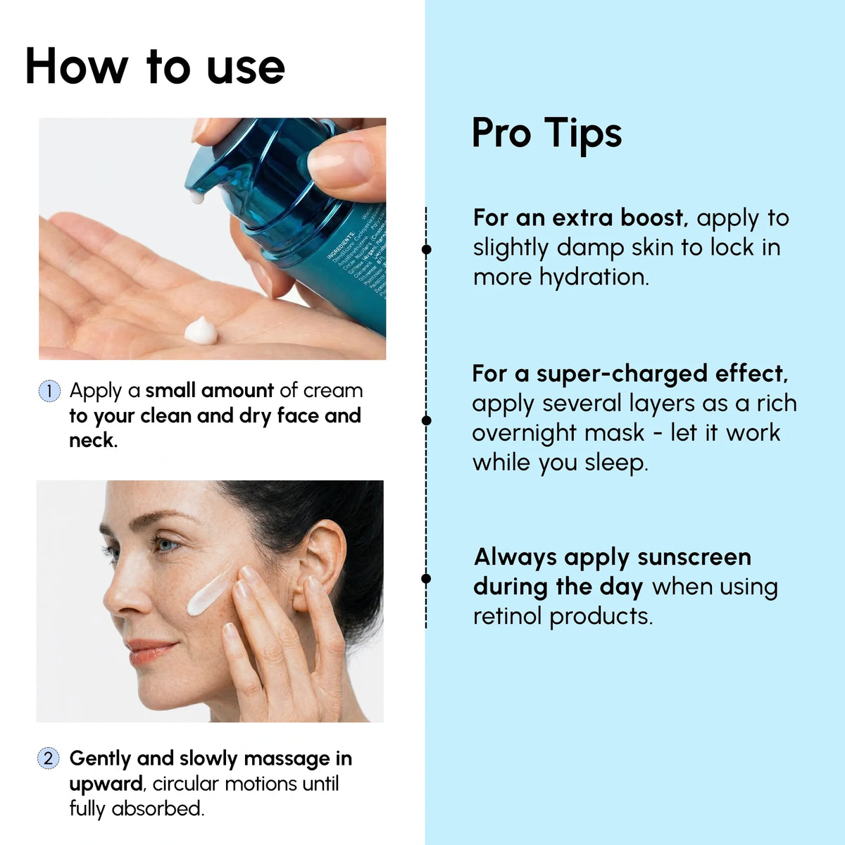 Instructions on how to use a skincare product with text and images of application.