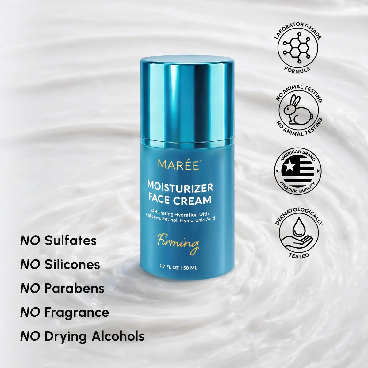 Marée moisturizer face cream bottle with product features on a white background