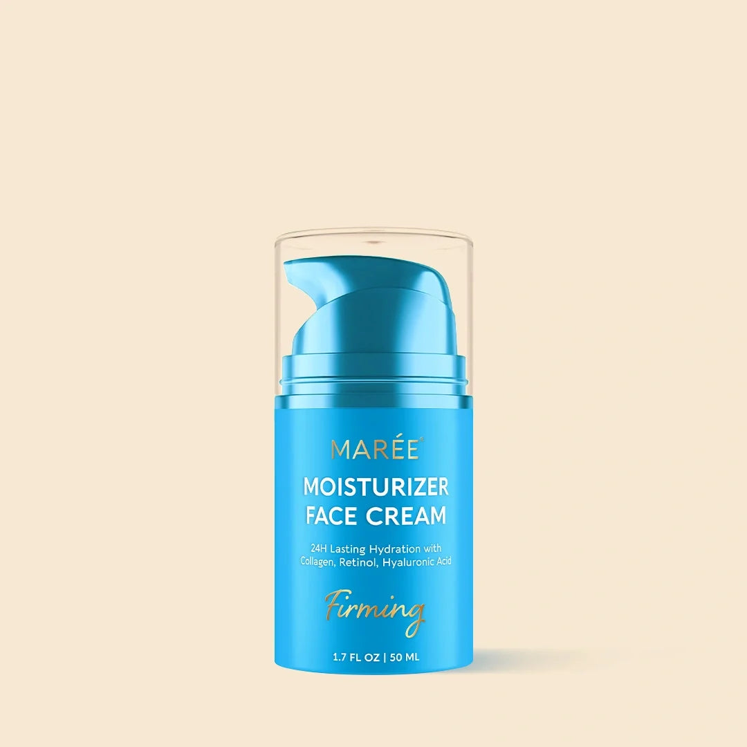 Blue moisturizer face cream jar with 'Mareé' branding on a beige background