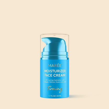 Blue moisturizer face cream jar with 'Mareé' branding on a beige background