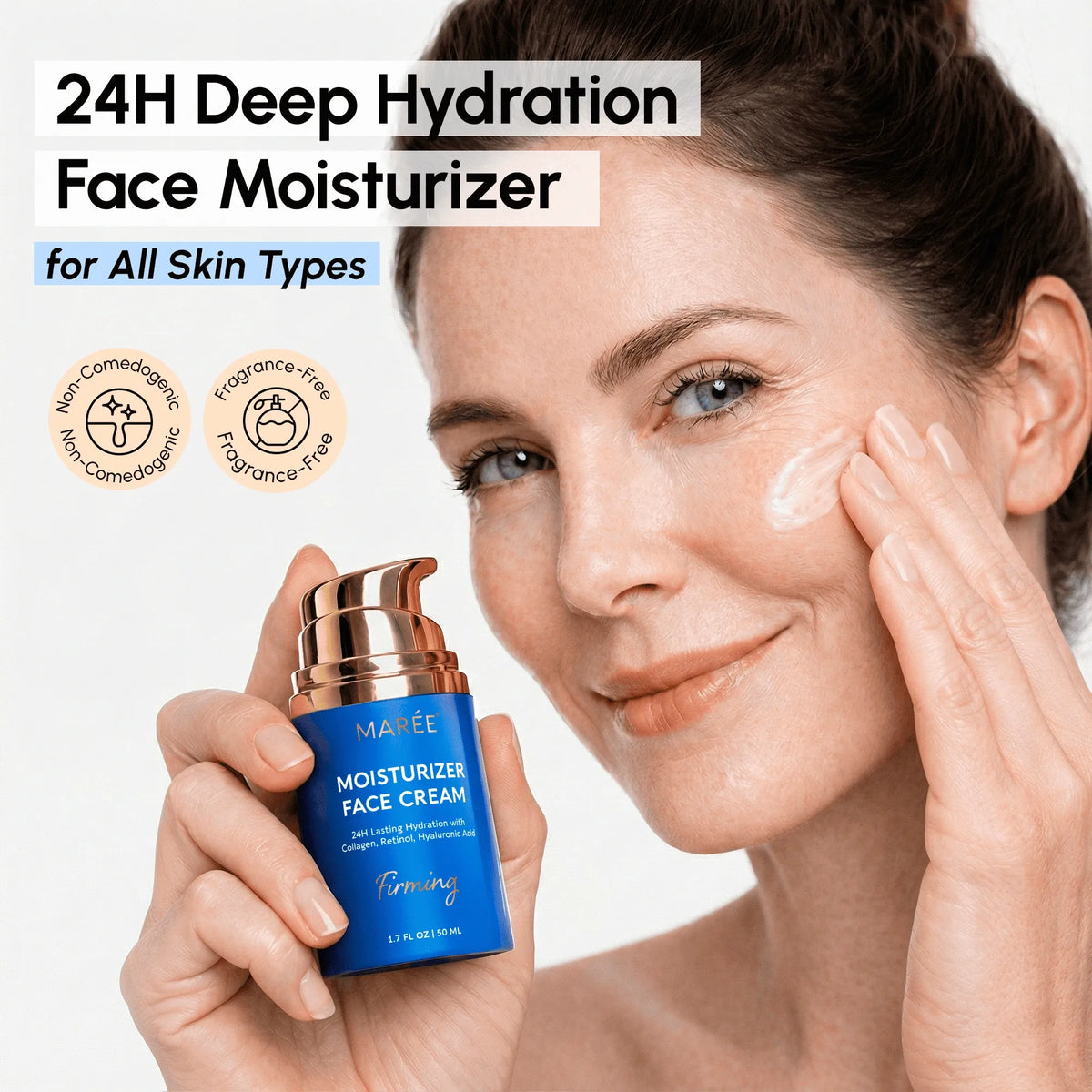 Woman applying face moisturizer with a blue cream jar labeled '24H Deep Hydration Face Moisturizer' on a white background.