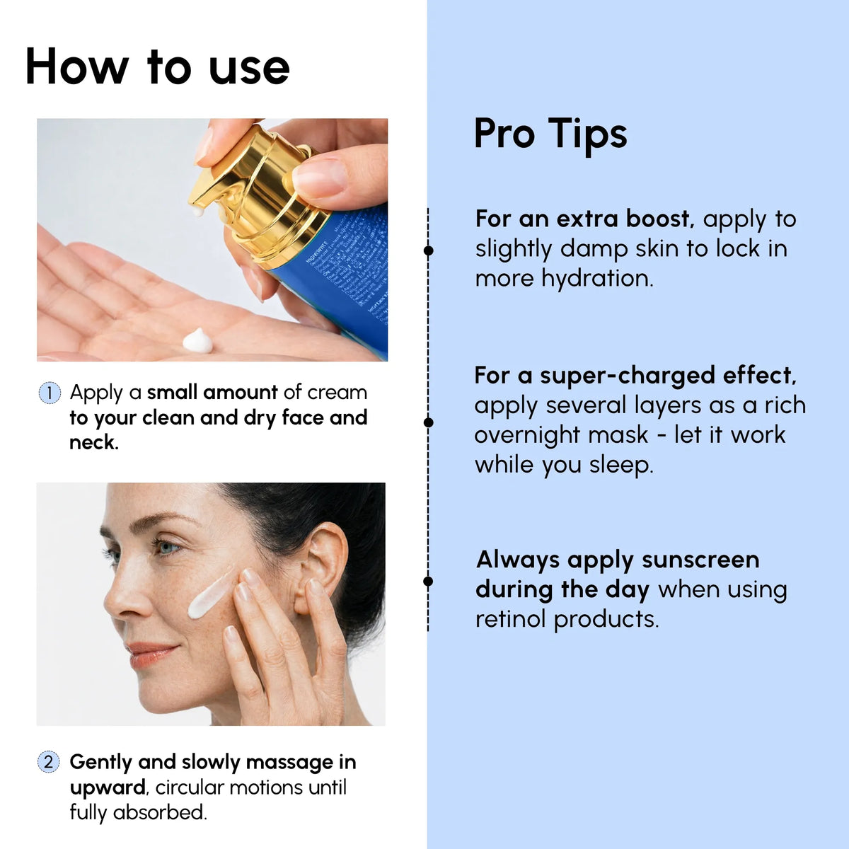 Instructions on how to use a skincare product with text and images of application.