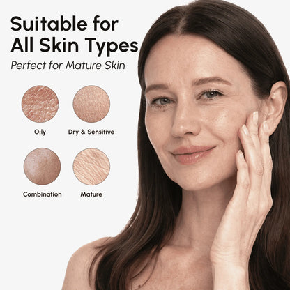 Woman with mature skin touching her face, with skin type suitability chart on the left.