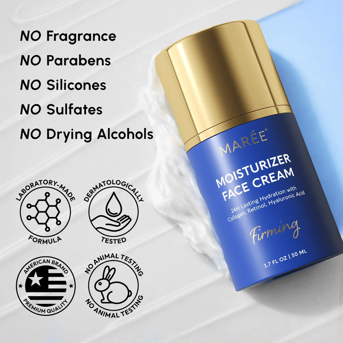 Marée moisturizer face cream bottle with product features on a white background