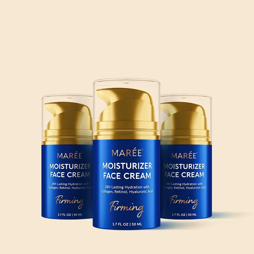 Three MARÉE Moisturizer Face Cream bottles with gold pumps and clear caps, arranged symmetrically on a light beige background.