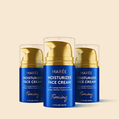 Three MARÉE Moisturizer Face Cream bottles with gold pumps and clear caps, arranged symmetrically on a light beige background.