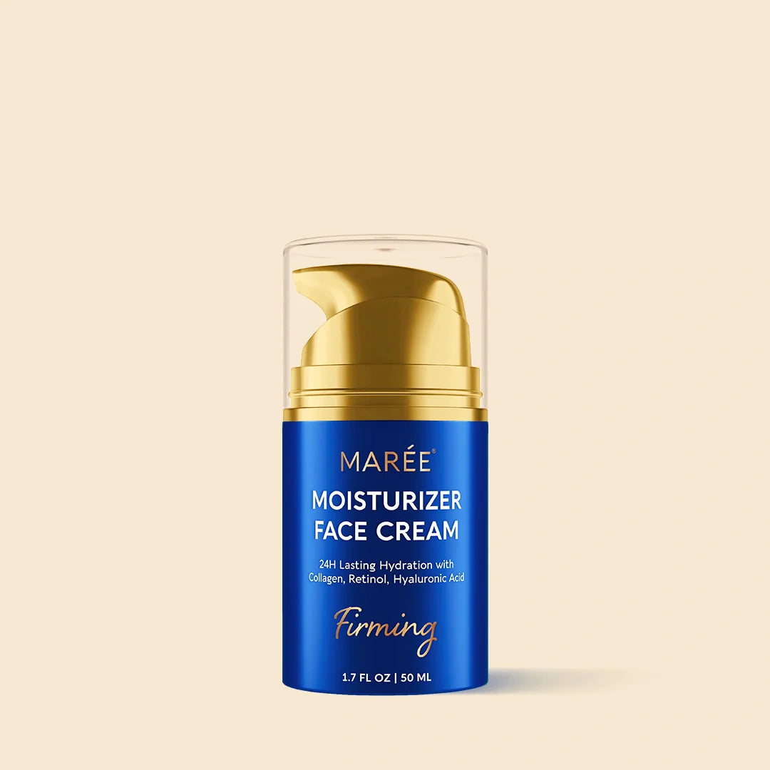 Blue face cream jar with gold pump on a beige background