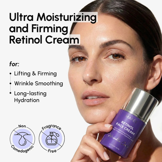 Woman applying face moisturizer with a blue cream jar labeled '24H Deep Hydration Face Moisturizer' on a white background.