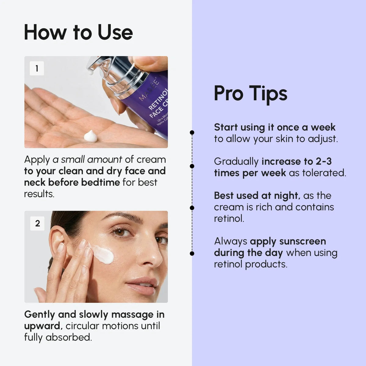 Instructions on how to use a skincare product with text and images of application.