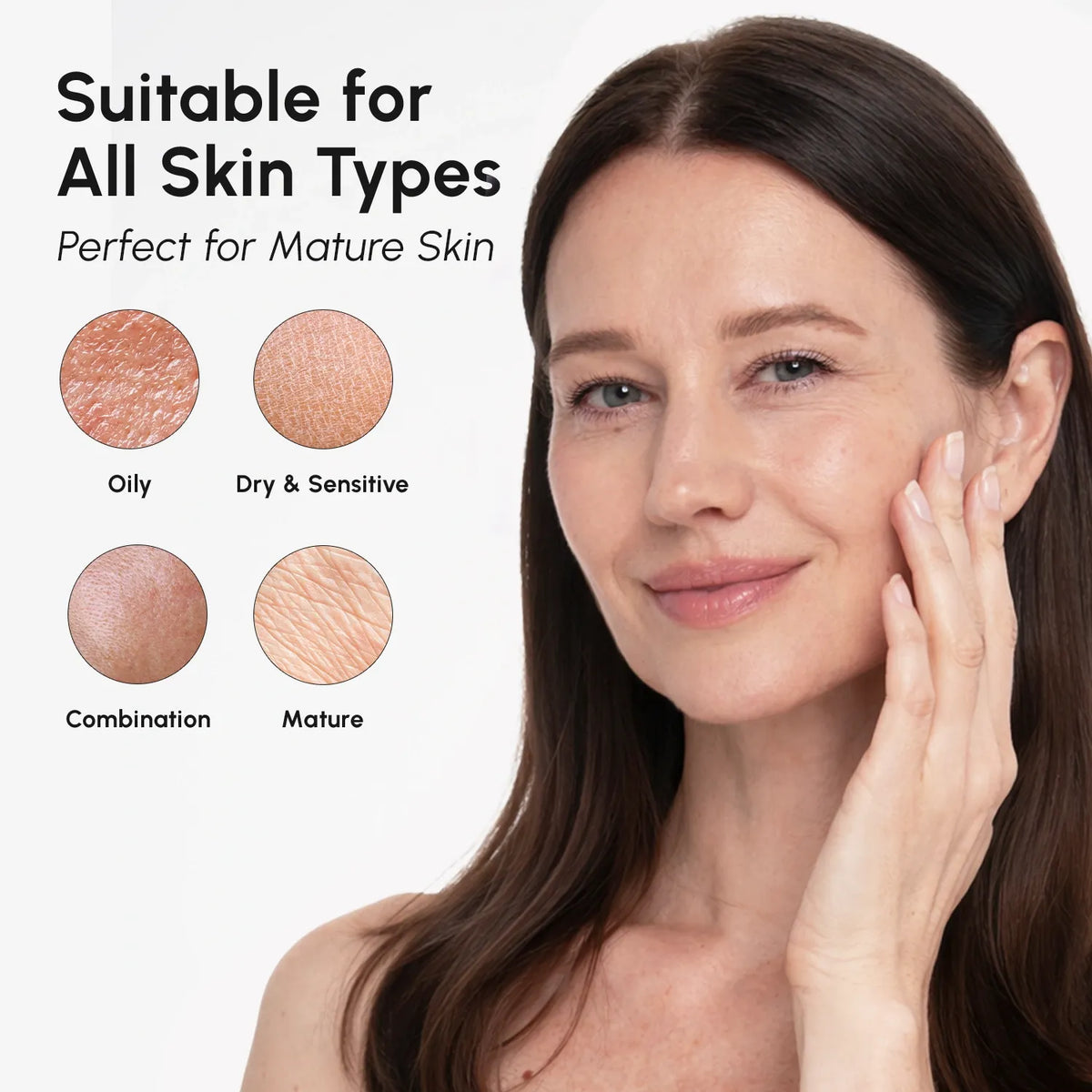 Woman with mature skin showing product suitability for all skin types on a white background
