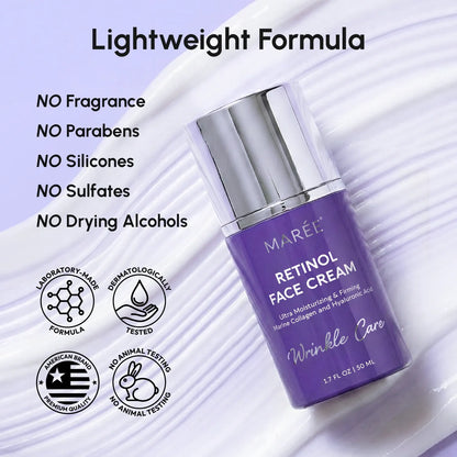 Purple bottle of Retinol Face Cream with Marel branding on a light purple background