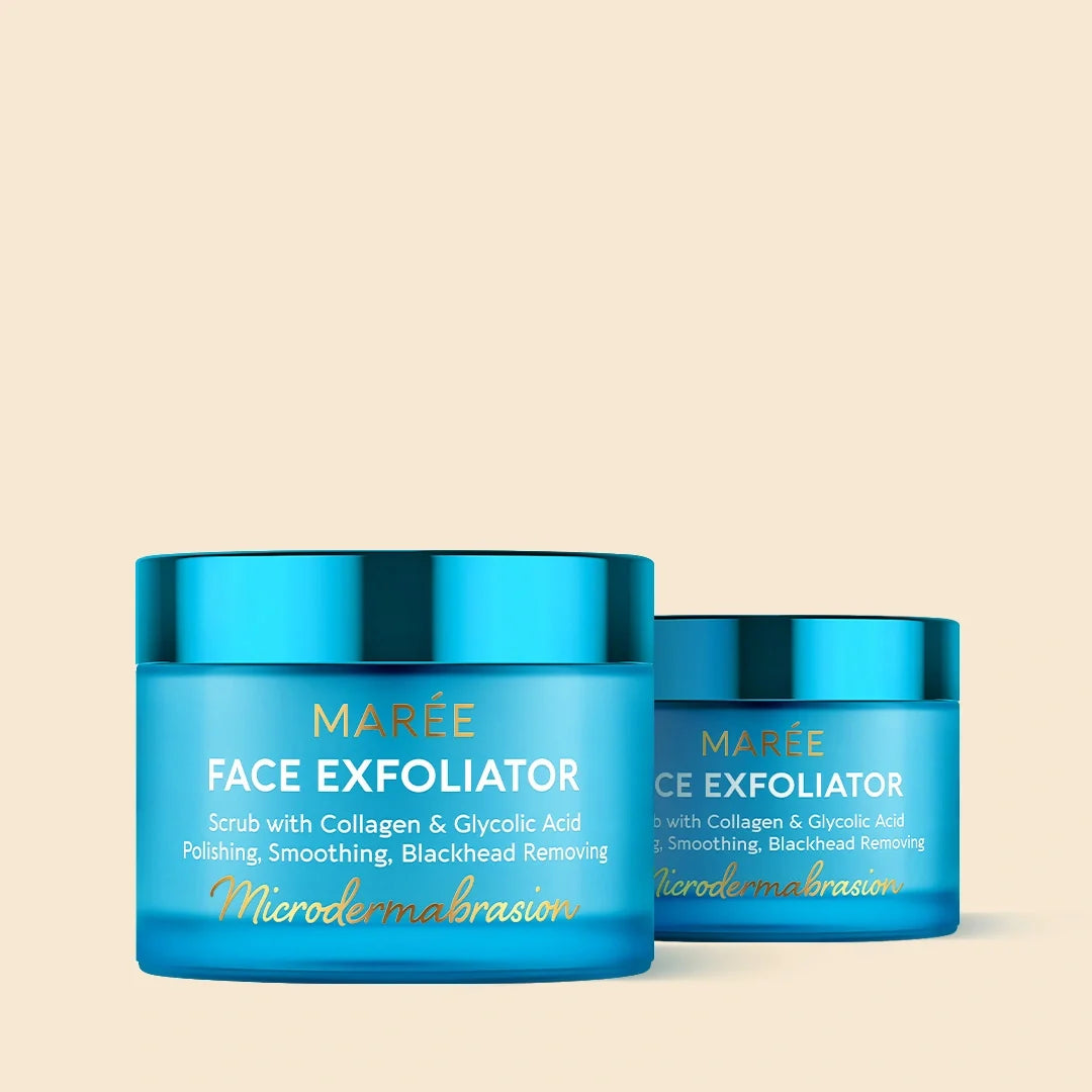 Two blue jars of Marée Face Exfoliator on a beige background