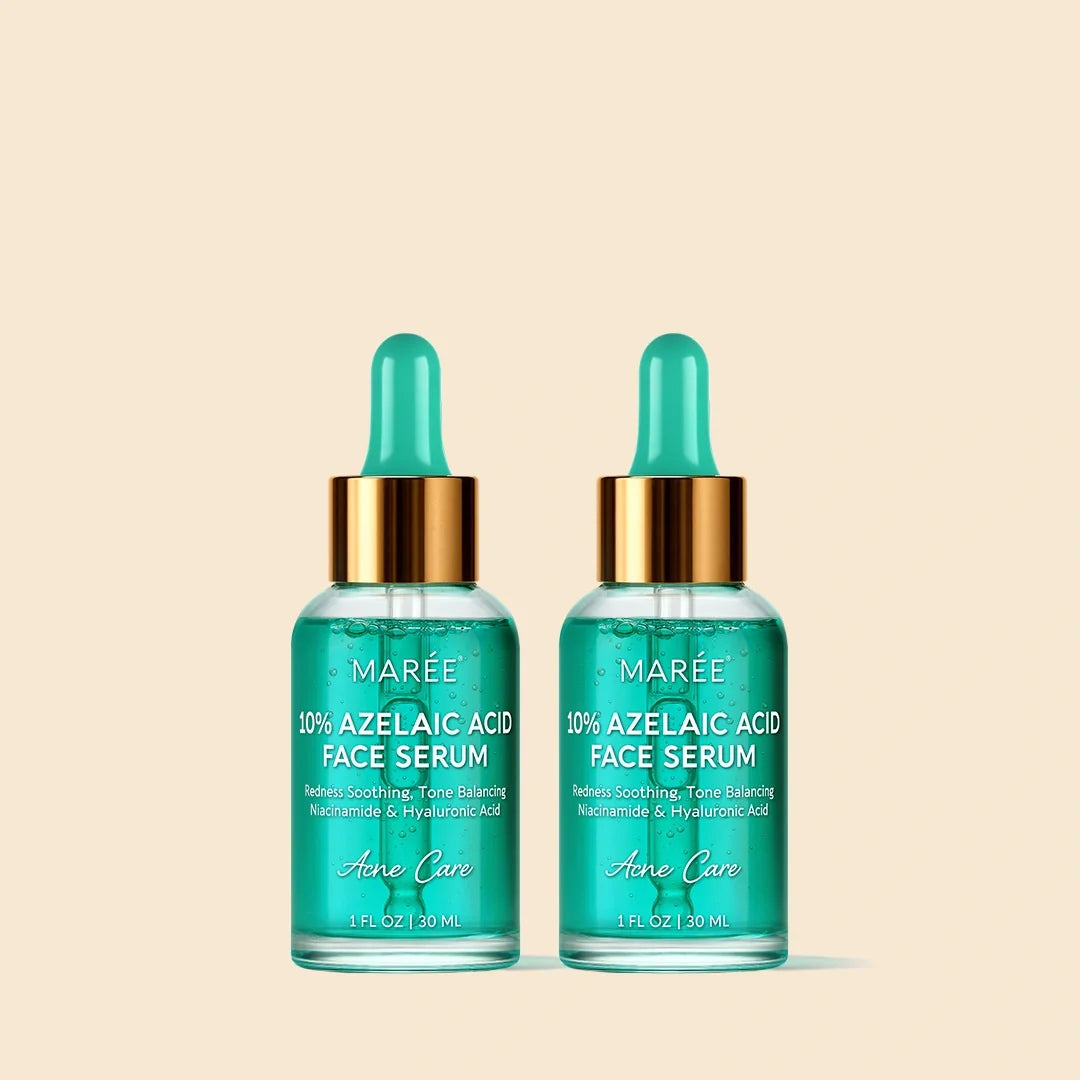 Two bottles of MARÉE 10% Azelaic Acid Face Serum with teal droppers and gold collars, shown side by side on a light beige background.