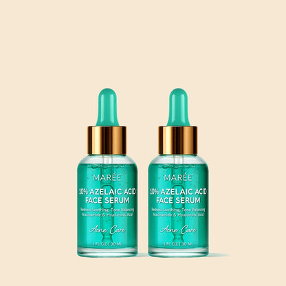 Two bottles of MARÉE 10% Azelaic Acid Face Serum with teal droppers and gold collars, shown side by side on a light beige background.