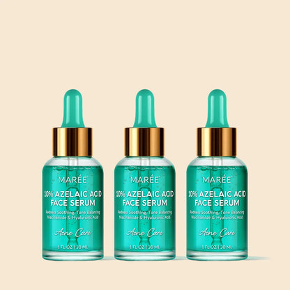 Three bottles of Marée 10% Azelaic Acid Face Serum on a beige background
