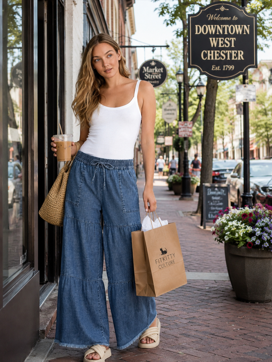 Woman in a white tank top and blue jeans standing on a sidewalk with a 'Downtown West Chester' sign in the background.