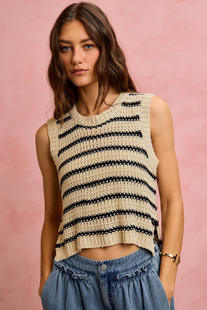 SO ME low gauge textured stripe sleeveless sweater top in Oatmeal/Black, styled photo (3)
