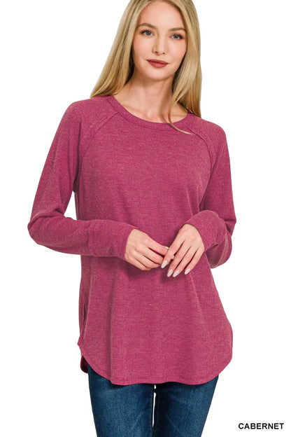 Zenana baby waffle long sleeve top in Cabernet, styled photo