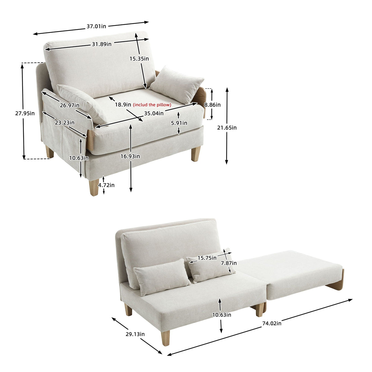 Mid century modern convertible sofa bed, full product view (view 132)
