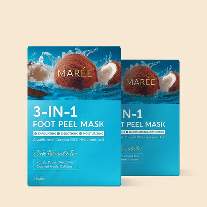Two packages of Maree 3-in-1 foot peel mask on a beige background