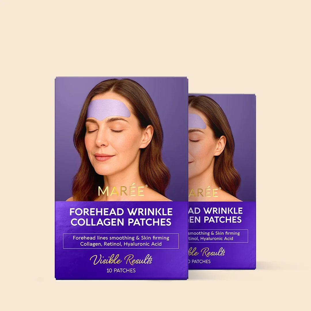 Packaging of Forehead Wrinkle Collagen Patches with a woman's face on a beige background