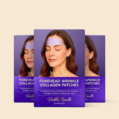 Packaging of Forehead Wrinkle Collagen Patches with a woman wearing a patch on her forehead.