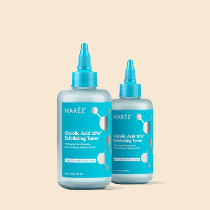 Two bottles of Maree Glycolic Acid 10% Exfoliating Toner on a beige background