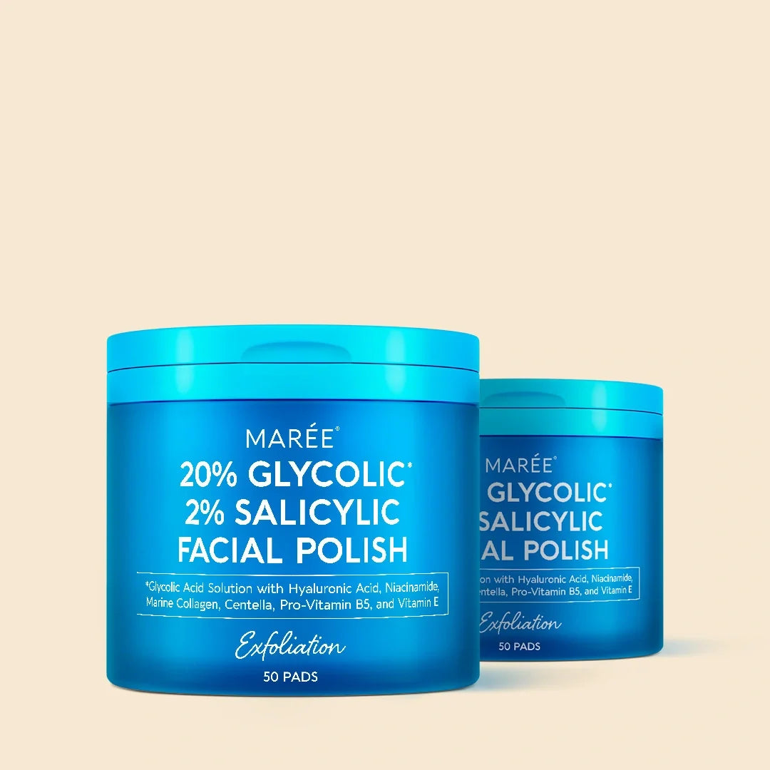 Two blue containers of Maré Glycolic Salicylic Facial Polish on a beige background