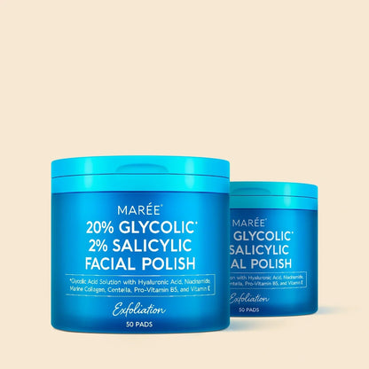Two blue containers of Maré Glycolic Salicylic Facial Polish on a beige background
