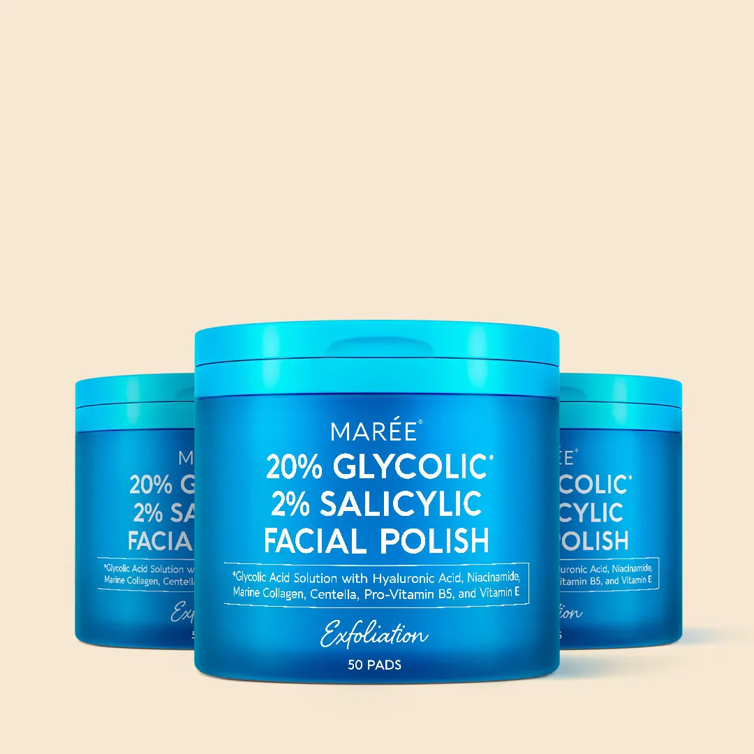 Blue containers of Maré 20% Glycolic 2% Salicylic Facial Polish on a beige background