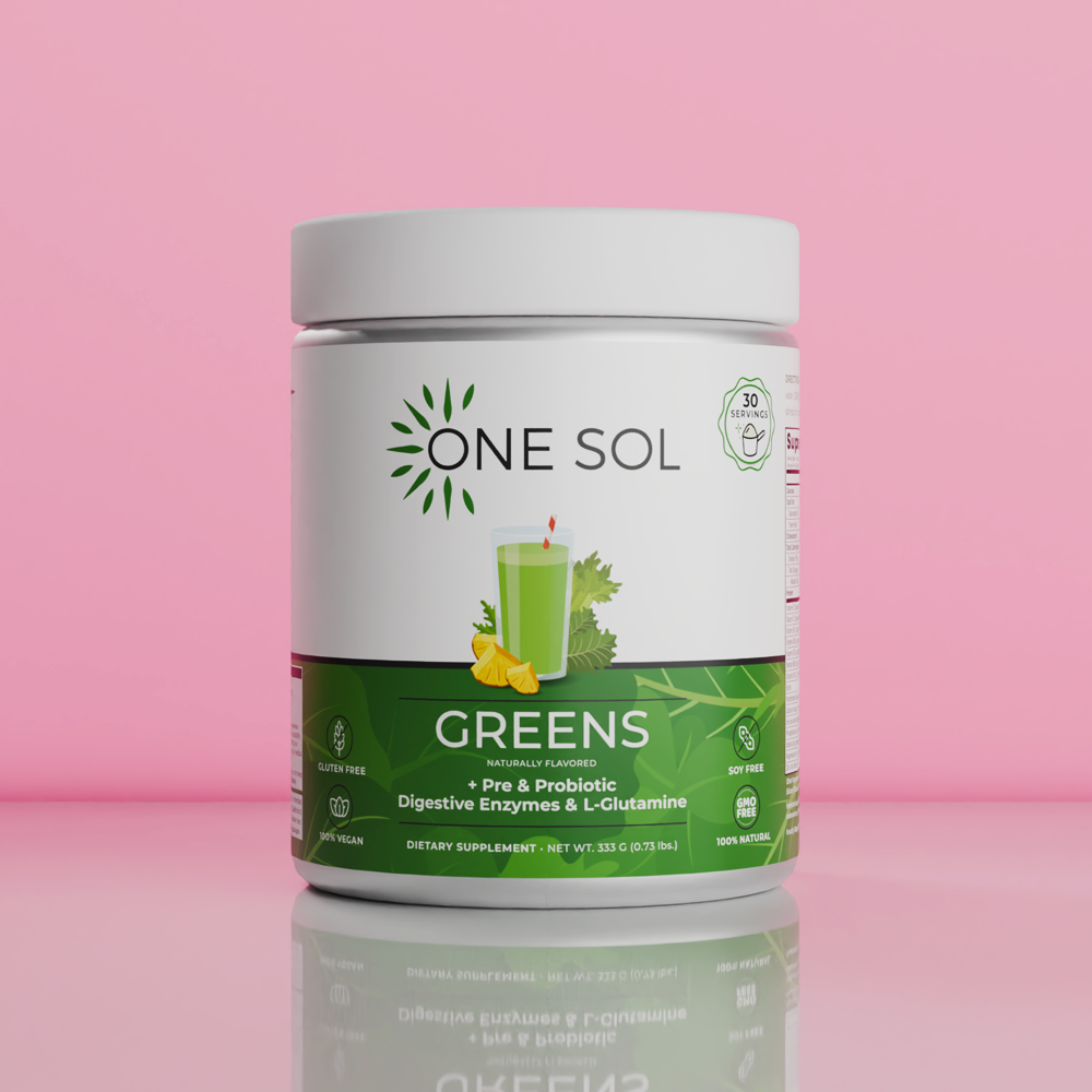 A white plastic jar of One Sol Greens dietary supplement with a green and white label, set against a solid pink background with a soft reflection below.