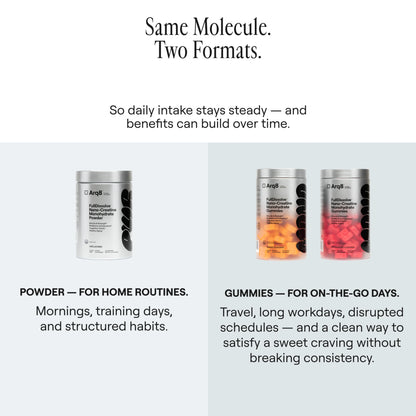 Two formats of a supplement product, powder and gummies, on a white background with text explaining their use cases.
