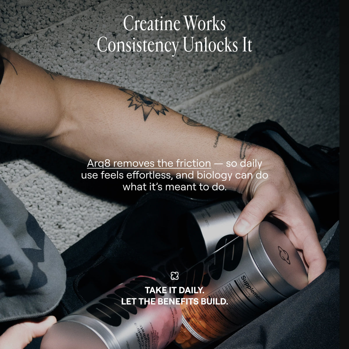 Person holding a supplement container with text about creatine and consistency.