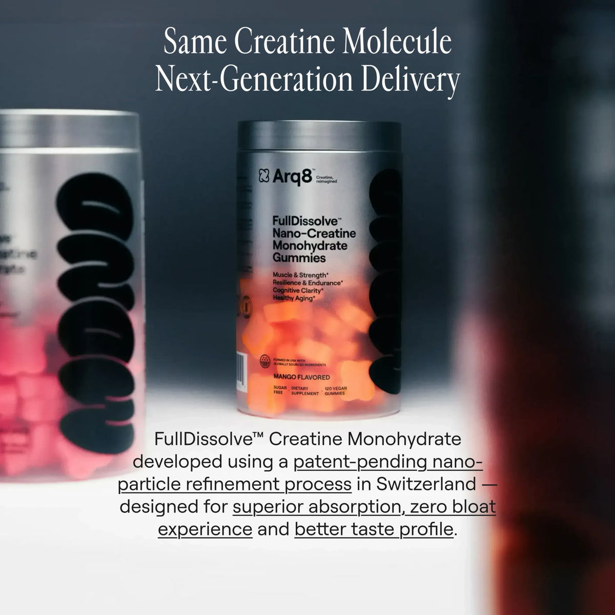 Two containers of Arq8 FullDissolve Nano-Creatine Monohydrate Gummies on a gray background with text about product features.